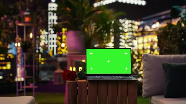 Chroma key notebook and red roses prepared for evening rooftop date