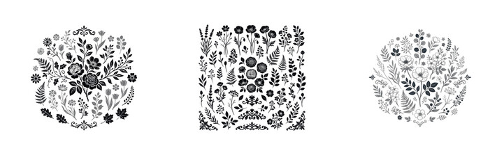 Black and white floral patterns set featuring intricate botanical illustrations, decorative vector flowers, and ornate nature designs isolated on white background. Graphic design stock PNG asset for b © Druvh