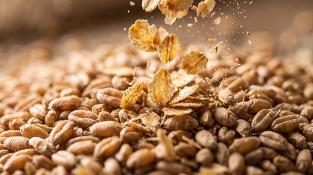 Wheat germ falling on wheat kernels in a close-up shot,  diet and health concept 