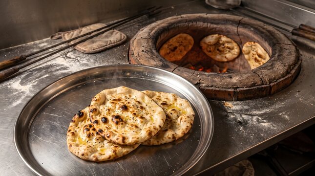 freshly baked naan bread resting on a steel plate. traditional clay tandoor oven with flatbread inside and kitchen utensils. authentic south asian culinary art and traditional baking process