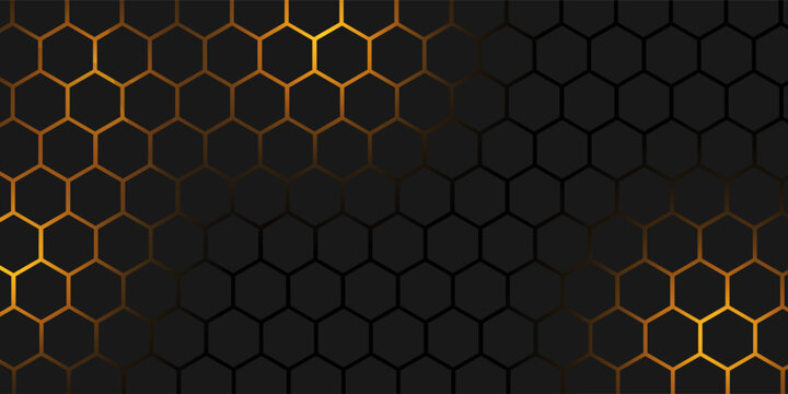 Hexagonal honeycomb pattern with glowing golden center on dark background
