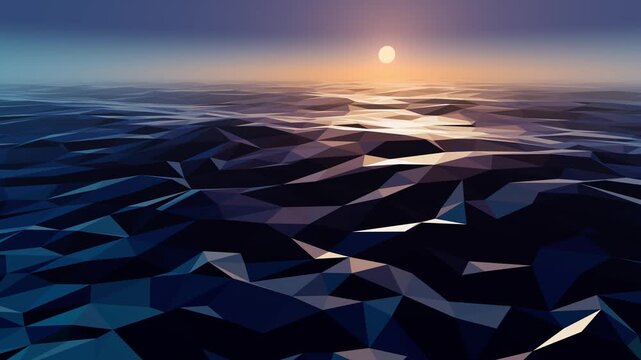 Low poly ocean waves glittering under a setting sun, seamless faceted sea background loop