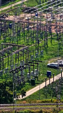 Aerial view of the ZE PAK SA Patnow Power Station electrical substation with steel structures, transformers, and power lines in Konin, Wojewodztwo wielkopolskie, Poland.