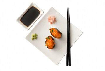 Ikura Gunkan Maki Sushi with Soy Sauce and Chopsticks on a Square White Plate © Atreyee