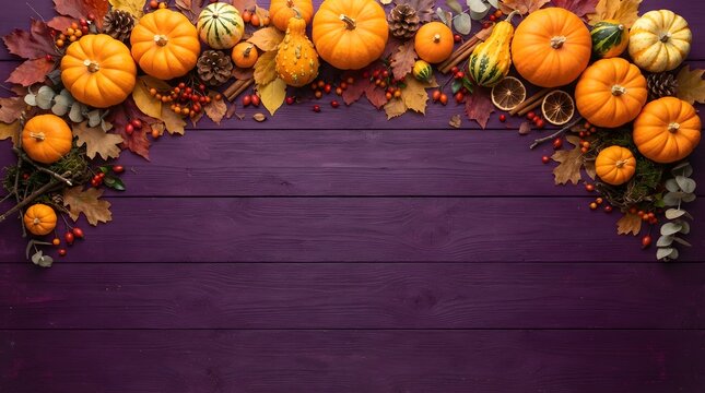Autumn harvest border with pumpkins and leaves on purple wood