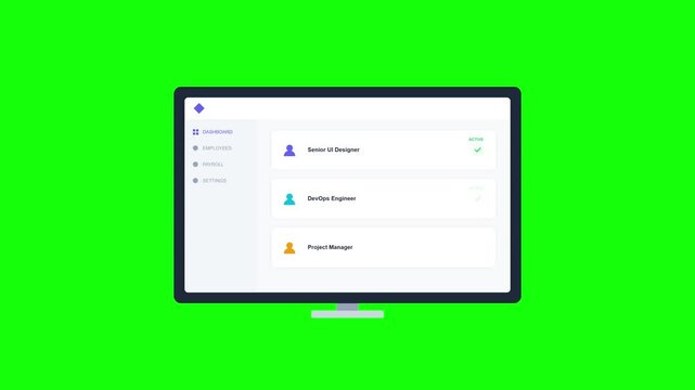 Animated Computer Monitor Displaying User Management Dashboard Interface on Green Screen Background.