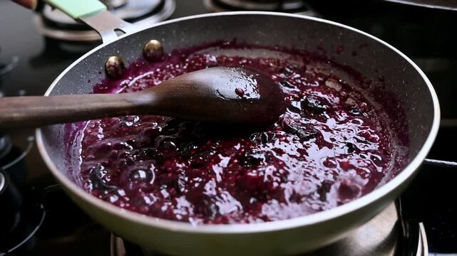 Cooking delicious blueberry jam in a saucepan
