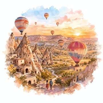 Cappadocia Valley Sunset With Hot Air Balloons Landing In Fields