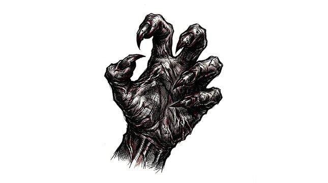 A dark silhouette of hands in spotlight creates a shadow overlay effect for halloween background with terrifying scary hands with long nails on white backdrop