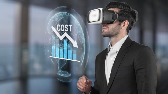 A businessman engages with virtual reality technology to explore cost reduction trends, showcased through dynamic holographic graphics and data visualization elements. Raster