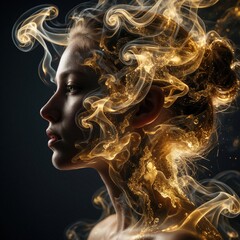 Fototapeta premium Side profile of young woman merging with golden smoke, glowing clouds. Abstract female face becomes celestial nebula with shimmering particles. Spiritual fantasy concept showing soul transformation