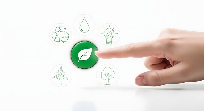 Environmental sustainability concept representing corporate responsibility and green energy solutions via hand touching ecological icon button