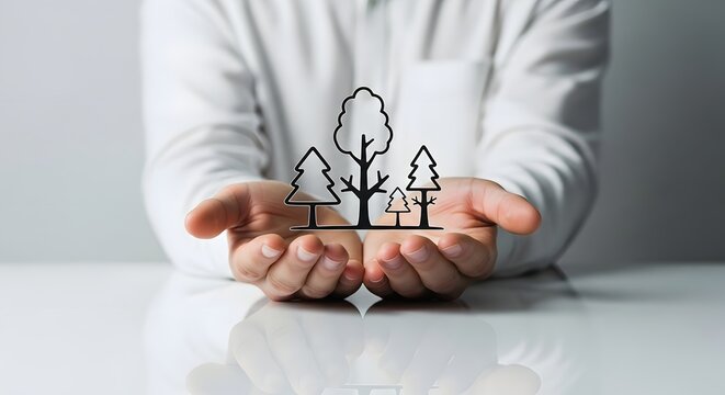 Protecting Our Planet Concept Human hands gently hold a symbolic forest, representing environmental stewardship, sustainable growth, and care for Earth's vital ecosystems