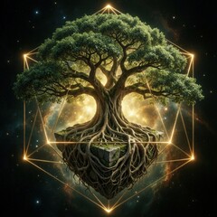 Fototapeta premium Ancient green tree grows inside glowing geometric cube in deep space. Surreal cosmic concept shows roots on floating rock island amidst bright nebula stars. Magical nature meets universe through