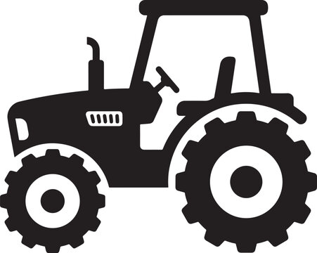 Farm Tractor Black Silhouette Flat Vector Icon in Side View