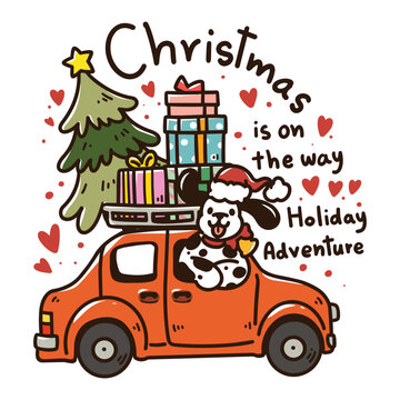 Cute Dalmatian dog wearing a Santa hat in a red car with a Christmas tree and gifts, featuring festive lettering and hearts. Perfect for holiday illustrations and greeting cards.