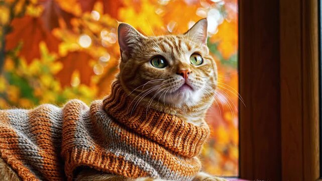Domestic orange cat gazes towards colorful fall leaves outside window