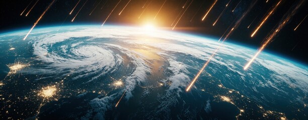 Fototapeta premium Dramatic view of Earth in space with bright meteor shower. Glowing sunrise over planet horizon shows clouds, city lights below. Burning meteors fall through atmosphere towards world during cosmic