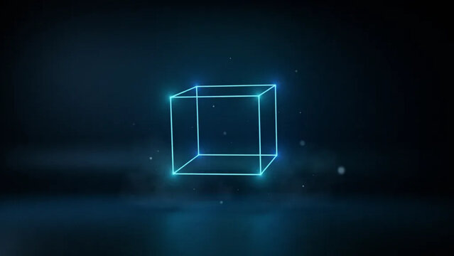Lattice of thin glowing lines forming a cube in perspective with drifting motes around it, glowing on a dark background