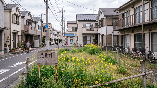 Vacant lot for sale with wildflowers in a Japanese residential neighborhood