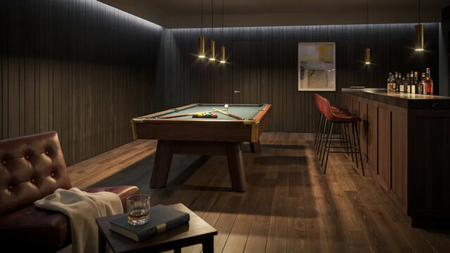 Modern basement lounge with a pool table and a bar counter, with cozy evening lighting