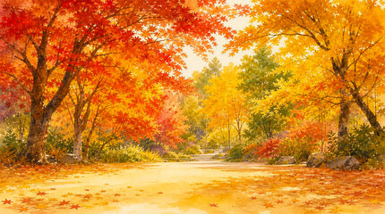 Fototapeta premium 鮮やかな紅葉が彩る秋の公園と散策路の水彩