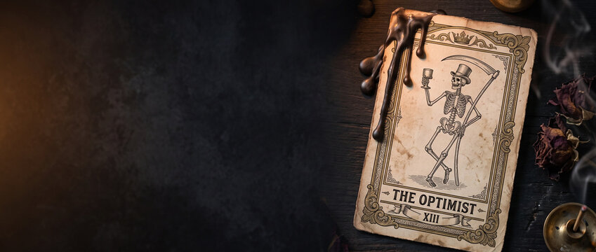 Tarot card depicting a skeleton holding a wineglass and scythe on a dark wooden table. Gothic Halloween still life with dried roses. Dark humor and mortality concept. Copy space banner