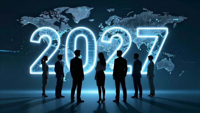 Silhouettes of professionals stand before glowing 2027 against a digital world map.