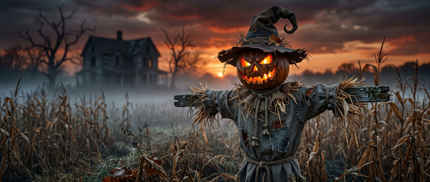 Jack-o-lantern scarecrow in witch hat stands in misty cornfield before a shadowy house. Halloween harvest decoration. Spooky autumn countryside. Seasonal holiday banner with copy space.