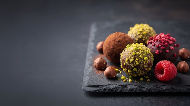 Assorted chocolate truffle candy collection with pistachio and raspberry topping