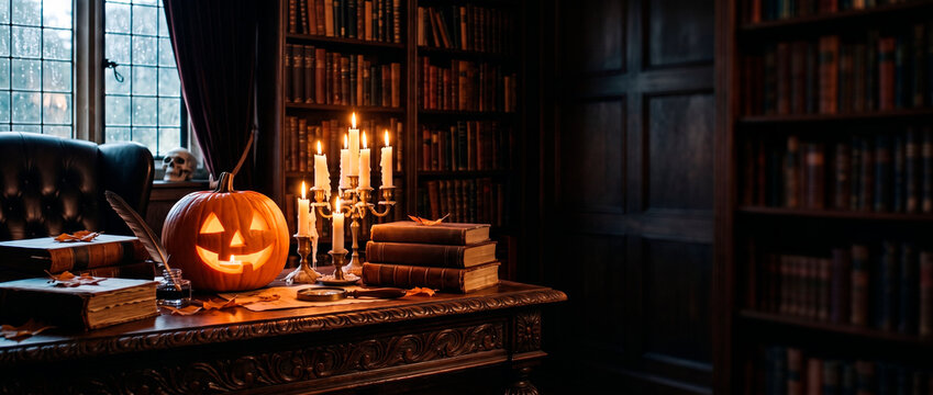 Carved jack-o-lantern and candles on desk in gothic library. Halloween tablescape with books and skull. Spooky holiday decor and haunted study concept. Dark academia banner with copy space.