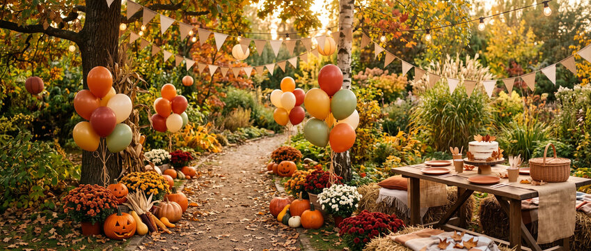 Outdoor Halloween party table with pumpkins, balloons and autumn decorations in a garden. Seasonal tablescape and festive celebration. Fall birthday party, harvest gathering and Halloween