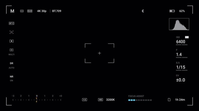 Low Light Camera HUD Overlay with Minimal Cinematic Interface, ISO Rising, Slow Shutter Warning, Underexposure and Low Light Indicator. Atmospheric Camera Interface. Transparent 4K