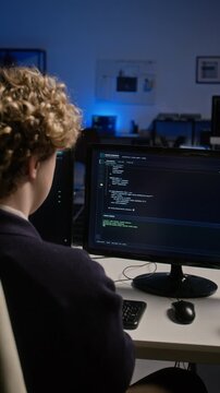 Vertical shot of Caucasian young adult software engineer typing and analyzing programming code on computer screen. Perfect for cybersecurity promos and corporate IT advertising