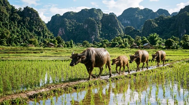 Water Buffalo Family Grazing in Rice Grass Field with Forested Mountains and Sky Reflection