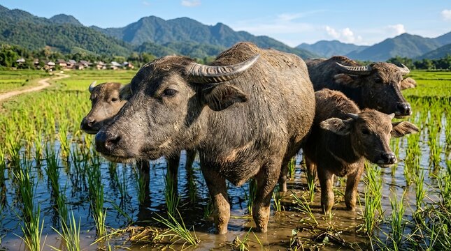 Water Buffalo Family Grazing in Rice Grass Field with Forested Mountains and Sky Reflection