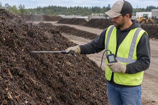Worker checking compost temperature with a connected probe