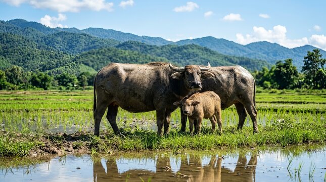 Water Buffalo Family Grazing in Rice Grass Field with Forested Mountains and Sky Reflection