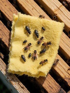 Small hive beetles crawl on yellow cloth inside wooden beehive frame. Black invasive pests mix with honey bees during inspection. Apiary worker monitors colony health to prevent infestation, manage