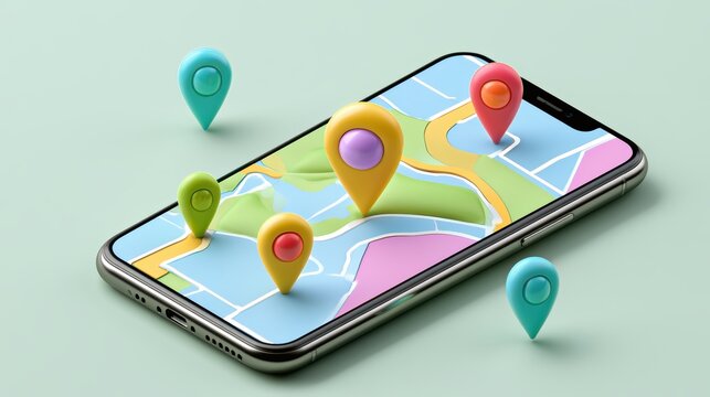 Smartphone with map, 3D Map pins, GPS, navigator pin checking points, 3D World Map icon, technology and application mobile smart phone with mobile, delivery tracking, transportation, generate by AI