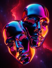 Fototapeta premium Two shiny metallic human masks float in colorful neon space. Glossy chrome faces glow with pink blue, orange light. Futuristic cyber art design features smooth liquid metal texture against cosmic