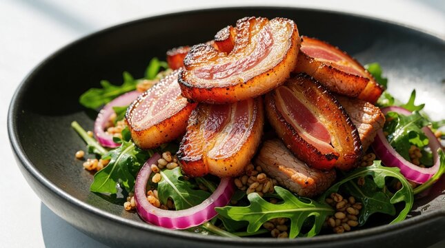 Delicious pork dish with crispy guanciale slices served on bed of fresh arugula, grains. Colorful salad features red onion rings, nutritious ingredients in black bowl. Gourmet meal ready for tasty