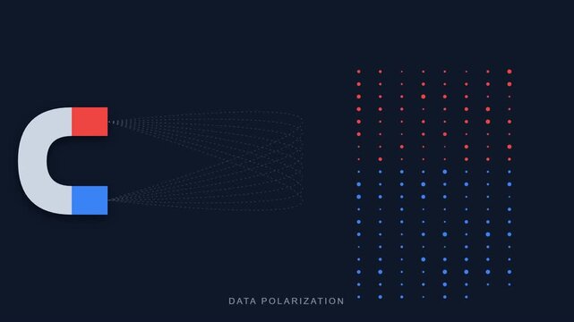 Conceptual animation showing data polarization where a magnet organizes chaotic information into distinct groups, representing market segmentation, targeted analytics, and lead generation.
