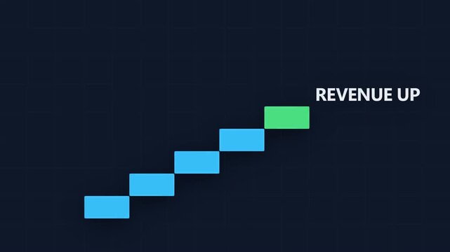 Minimalist motion graphics showing blue rectangular blocks building an upward staircase on a dark blue grid background, symbolizing business growth, career progress, and reaching success.