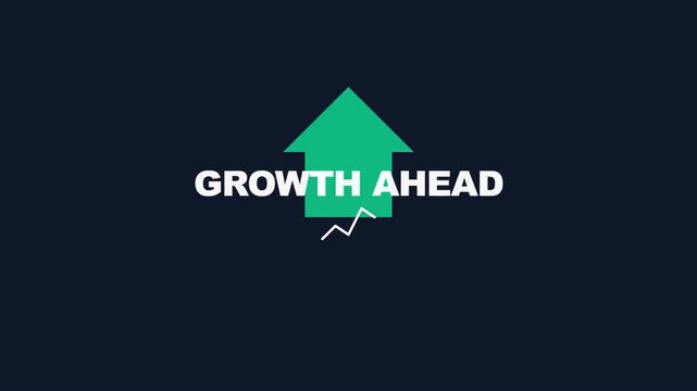 Animated business motion graphic featuring a rising green bar chart transitioning into a large upward arrow with the text Growth Ahead, symbolizing financial success and market progress.