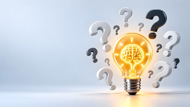 Glowing lightbulb with brain inside surrounded by question marks representing brainstorming creative problem solving and innovative idea