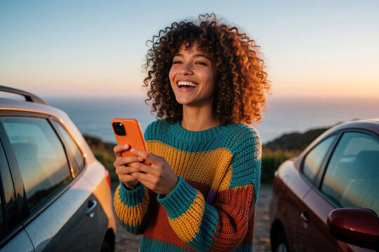 Smiling young woman with curly hair uses orange smartphone at sunset. Happy female client holds mobile device near parked cars. Joyful brunette lady enjoys wireless communication, social media in