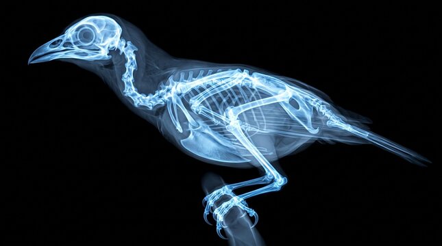 Detailed X-ray image of a bird skeleton on black background