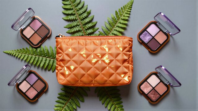Orange quilted makeup bag surrounded by palettes and green fern leaves.