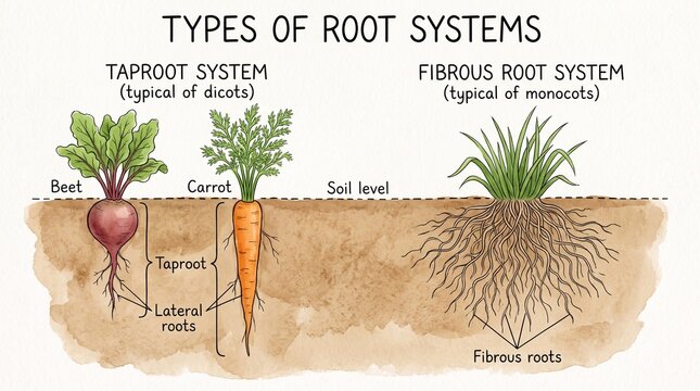 Types of plant root systems taproot and fibrous botany diagram